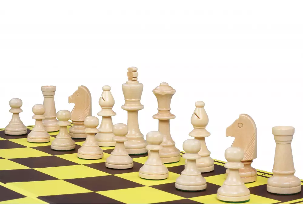 Zestaw szachowy turniejowy - figury szachowe drewniane CHW26 ART (król 90 mm) + szachownica tekturowa składana o polu 55 mm + woreczek welurowy