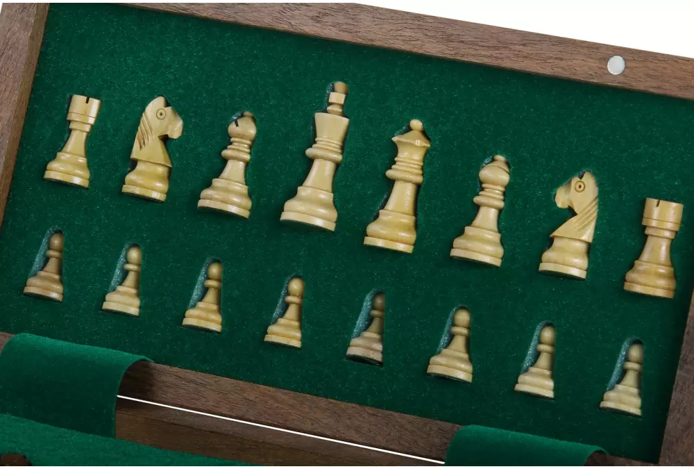 Szachy MAGNETYCZNE z intarsjowaną szachownicą 25 cm