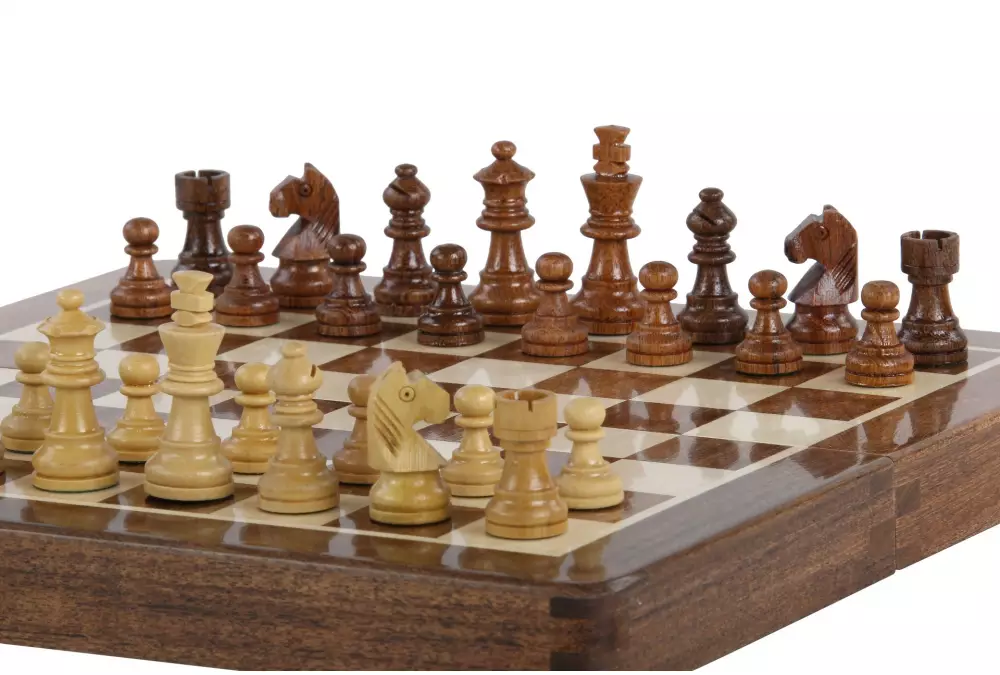 Szachy MAGNETYCZNE z intarsjowaną szachownicą 25 cm