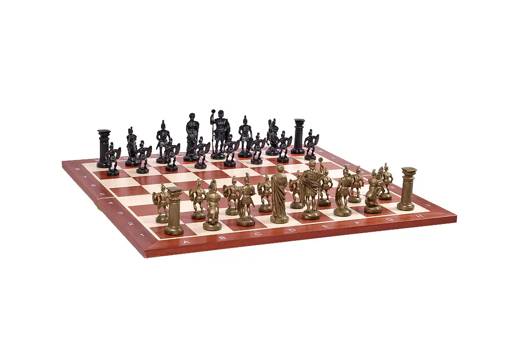 Figury szachowe stylizowane na Cesarstwo Rzymskie, czarno-złote, dociążane metalem (król 98 mm)