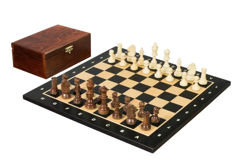 Zestaw szachowy turniejowy Nr 4 - szachownica 40 mm + figury Sunrise Staunton 78 mm w drewnianym kuferku